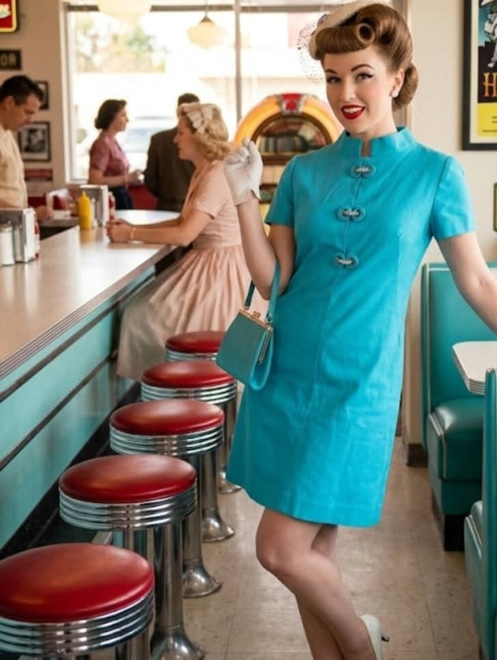True Vintage Turquoise Short-Sleeve Shift Dress - Retro Chic